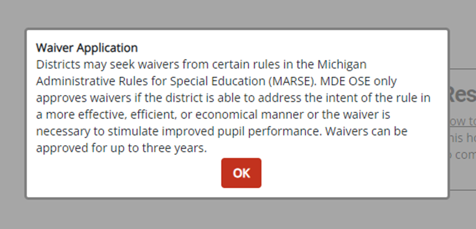 Waiver Application pop-up language.