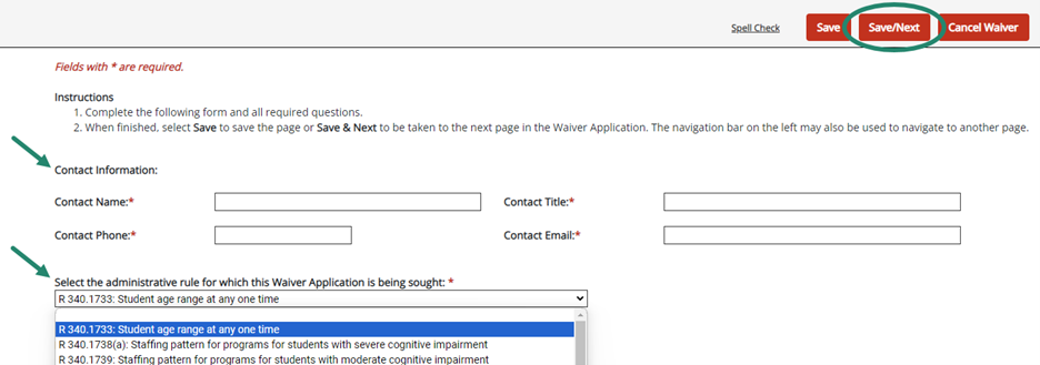 Contact information, which type of waiver are highlighted. The Save/Next button is circled.