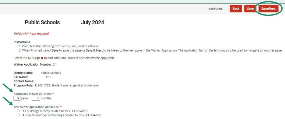 Requested waiver duration and where it applies to highlighted. Save/Next button circled.