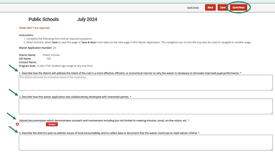 Questions 1-3 highlighted and circle around Save/Next button.