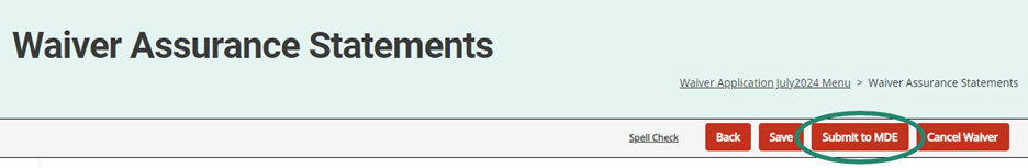 Waiver Assurance Statement page shown with circle around Submit to MDE button.