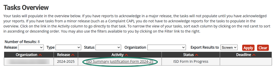 Tasks Overview shown with circle around the ISD Summary Justification Form 2024-25 activity.