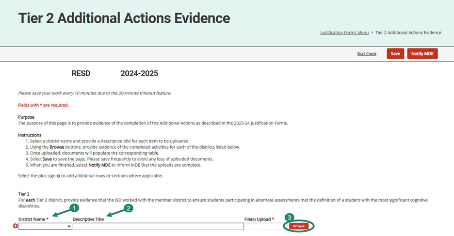 District Name, Descriptive Title, and Browse button shown on the Tier 2 Additional Actions Evidence form.