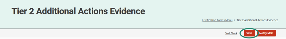 Save button circled on the Tier 2 Additional Actions Evidence form.