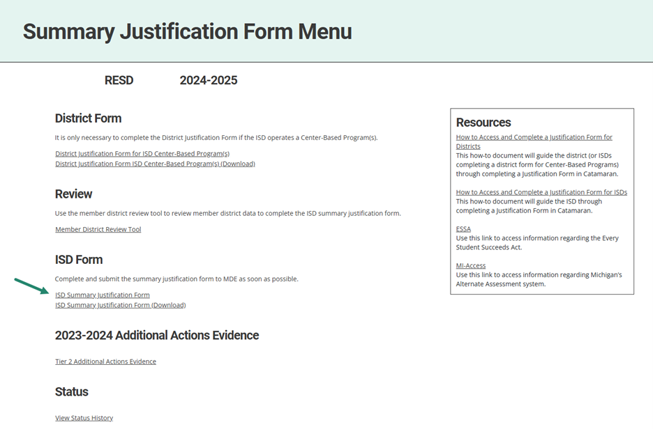 Arrow towards ISD Summary Justification Form link on the Summary Justification Form Menu.