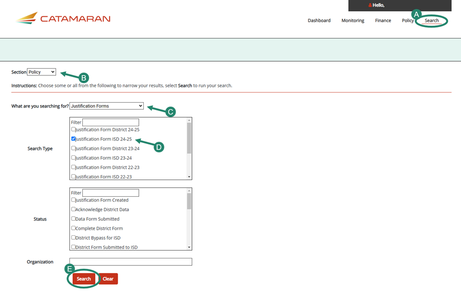 Search shown on how to find Justification Forms for ISDs for 24-25.