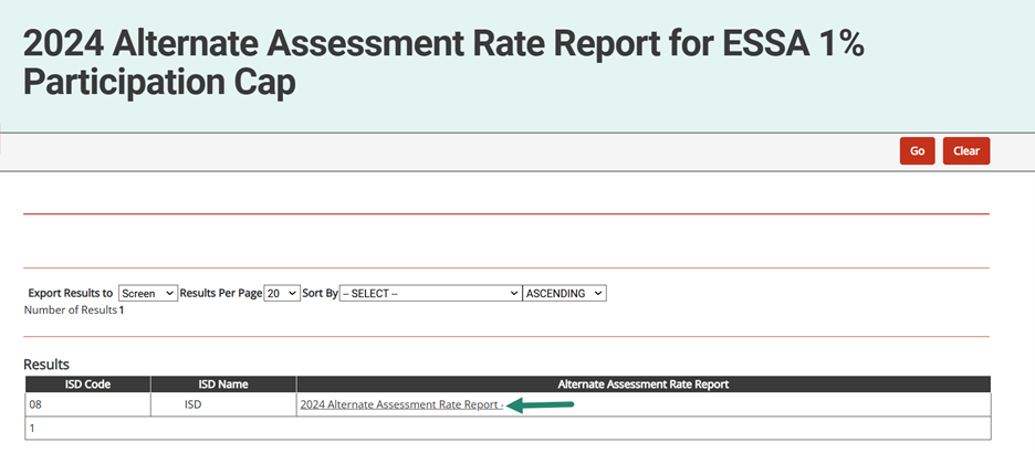 Arrow towards 2024 Alternate Assessment Rate Report link on the 2024 Alternate Assessment Rate Report for ESSA 1% Participation Cap report.