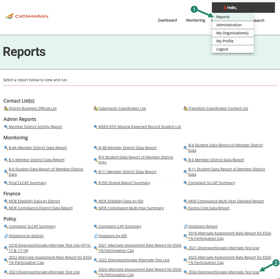 Arrow towards the 2024 Disproportionate Alternate Test Use report on the Reports page.