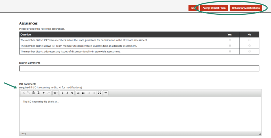 Arrow towards ISD Comments box and a circle around Accept District Form and Return for Modifications buttons on the Member District Review Tool.