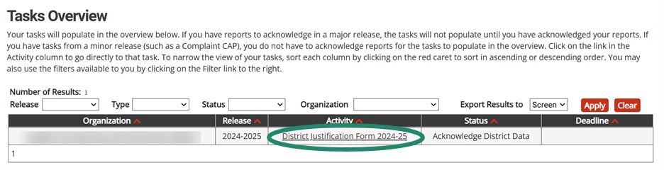 Circle around the District Justification Form 2024-25 link on the Tasks Overview.