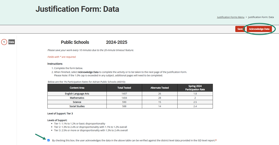 Assurance statement checked and a circle around the Acknowledge Data button on the Justification Form: Data page.