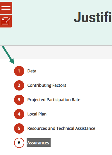 Left navigation on the Justifications Form shown with completed pages filled in red circles.