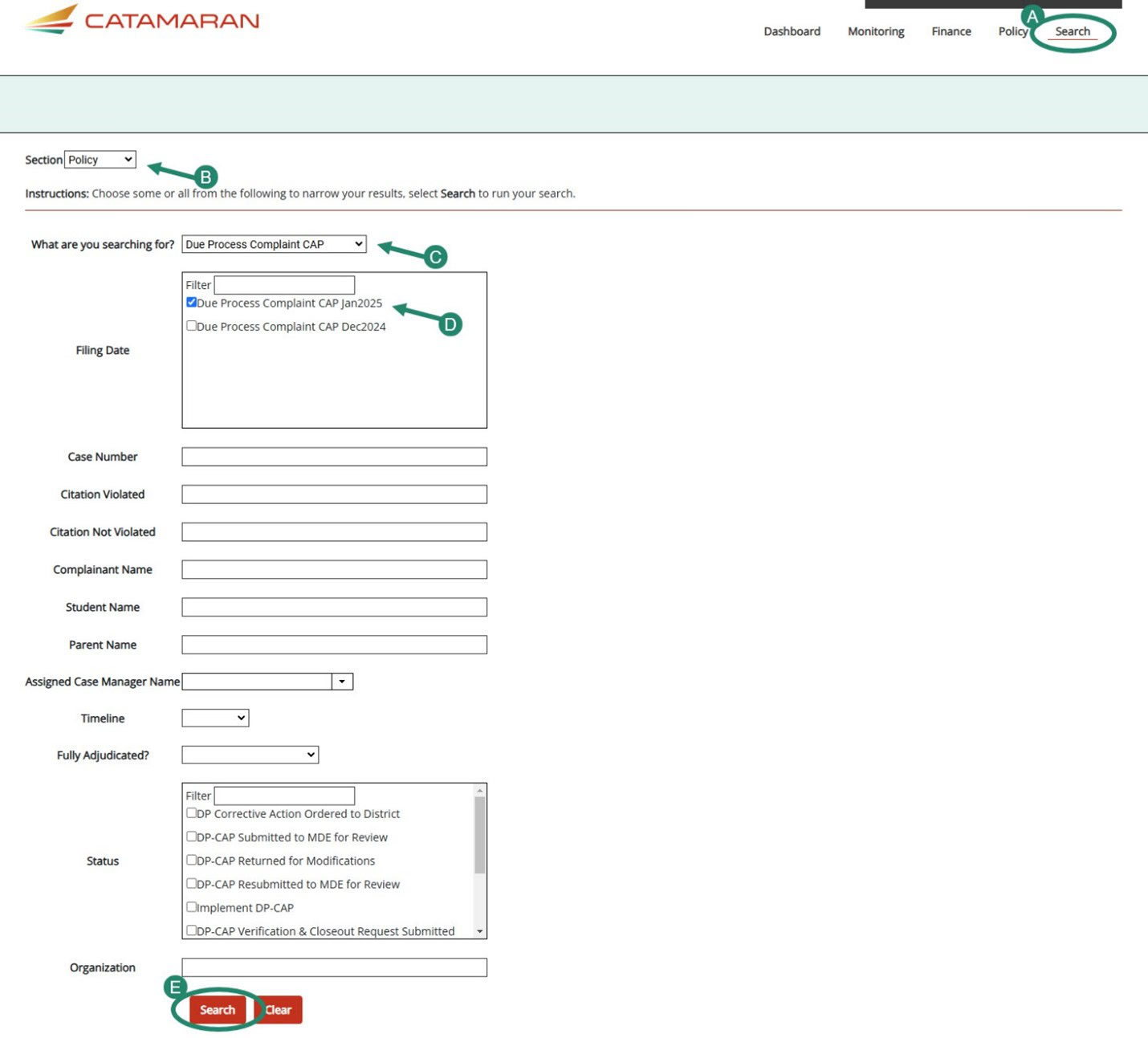 Steps on how to find a Due Process CAP using the Search function.