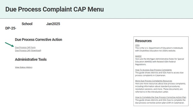 Due Process Complaint CAP Menu with arrow towards Due Process CAP Form link.