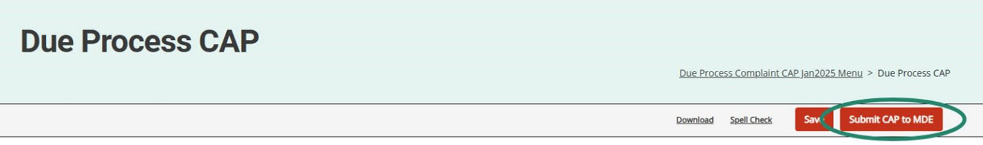 Submit CAP to MDE button circled on the Due Process CAP page.