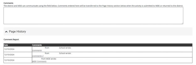 Bottom half of the Due Process CAP form, showing the Comment box and Page History.