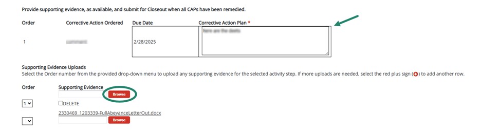 Due Process CAP Form with emphasis on the CAP comment box and Supporting Evidence Browse button.