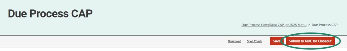 Submit to MDE for Closeout button circled on the Due Process CAP page.