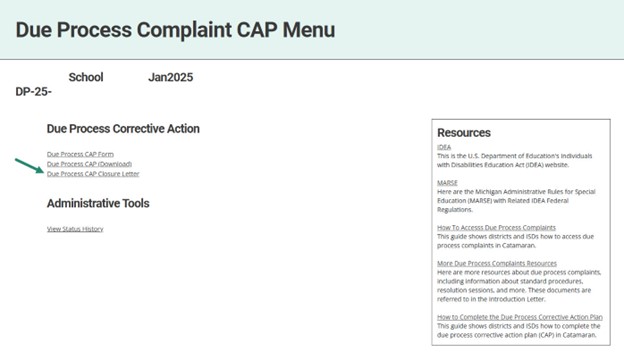 Due Process Complaint CAP Menu with arrow towards Due Process CAP Closure Letter link.