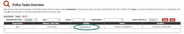 Policy Tasks Overview shown with circle around the Complaint in the Activity column.