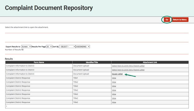 Complaint Docent Repository with arrow towards attachment link and a circle around the Go button.