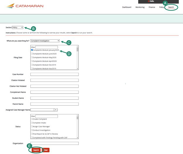 Steps on the Search page in Catamaran about how to find a specific state complaint.