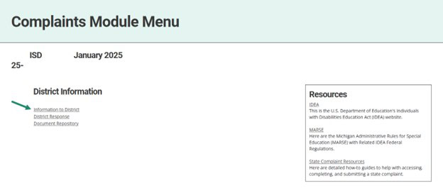 Complaints Module Menu with arrow towards Information to District page.