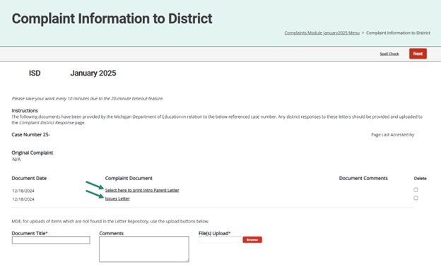 Complaint Information to District page shown with arrows towards the links under the Complaint Documents subheader.