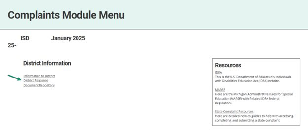 Complaints Module Menu with arrow towards District Response link.