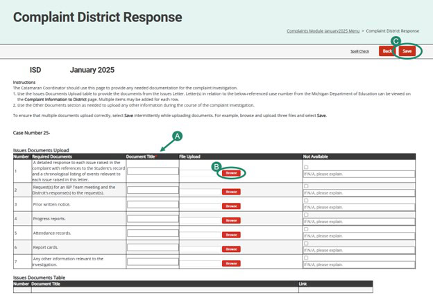 Complaint District Response page with emphasis on Document Title, Browse button, and the Save button.