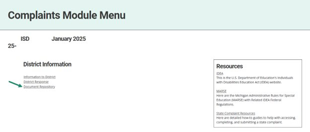 Complaints Module Menu with arrow towards the Document Repository.