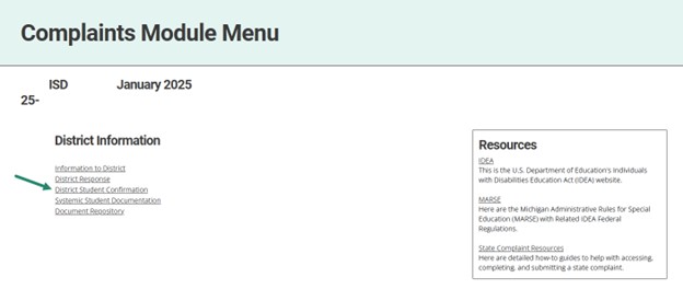 Complaints Module Menu shown with arrow towards District Student Confirmation link.