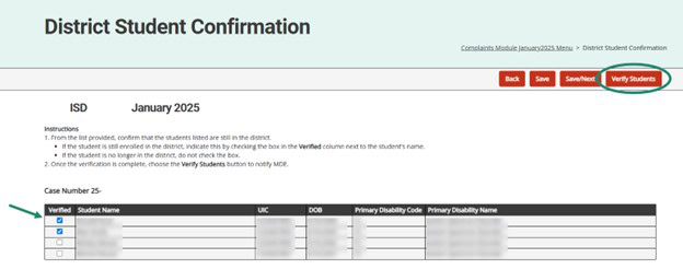 District Student Confirmation page shown with arrow towards verified students and a circle around the Verify Students button.