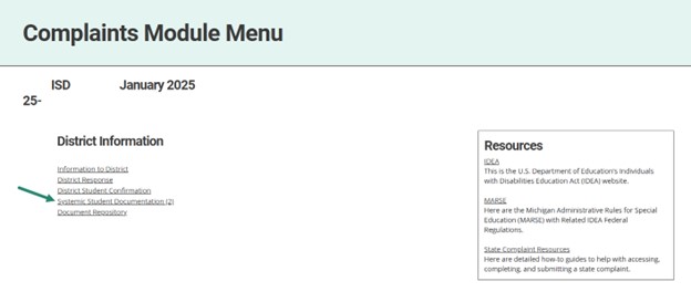 Complaints Module Menu shown with arrow towards Systemic Student Documentation link.