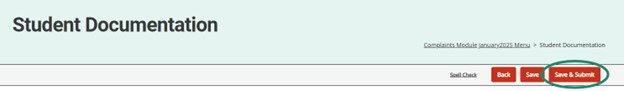 Student Documentation page shown with circle around the Save & Submit button.