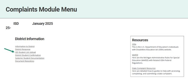 Complaints Module Menu shown with arrow towards ISD Student List Upload link.