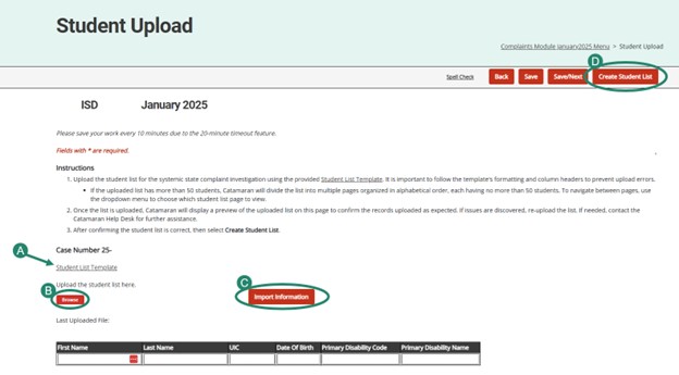 Student Upload page with emphasis on the steps of how to upload the student list.