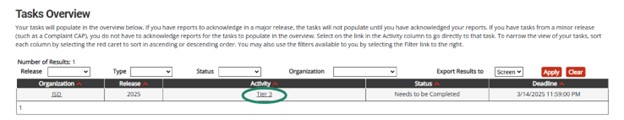 Tasks Overview shown with circle around Tier 3 link in the activity column.