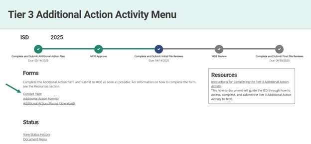 Tier 3 Additional Action Activity menu with arrow towards the Contact Page link.