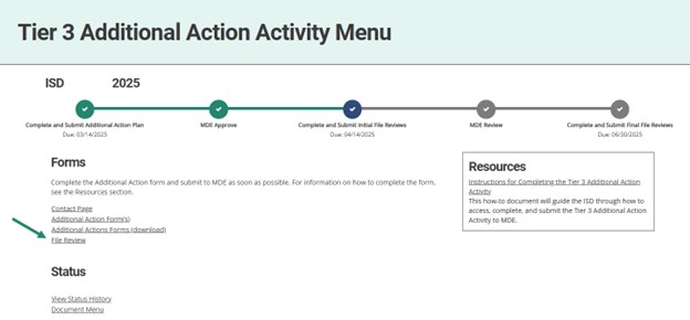 Tier 3 Additional Action Activity Menu with arrow towards File Review link.