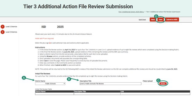 Steps on how to upload file reviews on the Tier 3 Additional Action File Review Submission page.