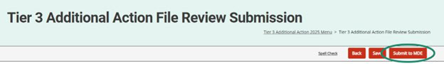 Submit to MDE button circled on the Tier 3 Additional Action File Review Submission page.