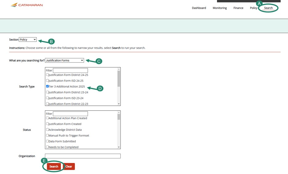 Steps on how to find the Tier 3 Additional Action activity from the Search page shown.