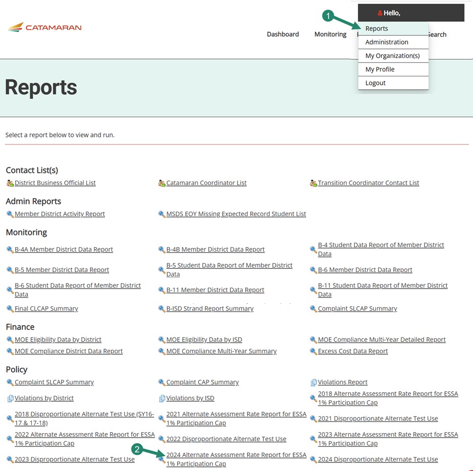 Reports page shown with arrow towards 2024 Alternate Assessment Rate Report for ESSA 1% Participation Cap link.