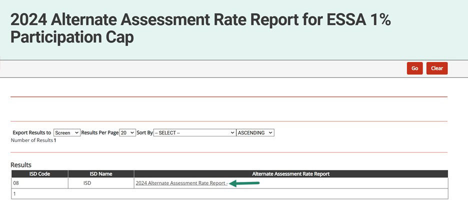 2024 Alternate Assessment Rate Report for ESSA 1% Participation Cap page shown with emphasis on the link to download the report.