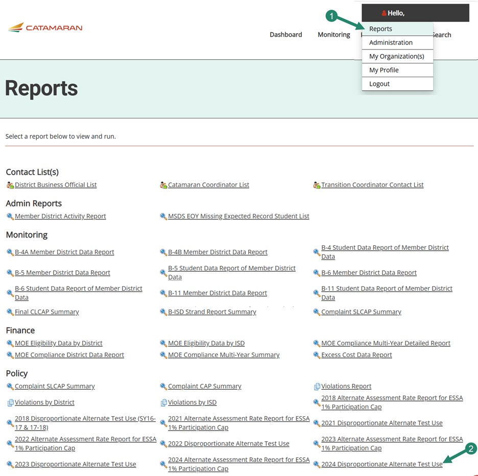 Reports page shown with arrow towards the 2024 Disproportionate Alternate Test Use link.