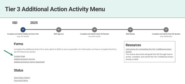 Tier 3 Additional Action Activity Menu with arrow towards Contact Page link.