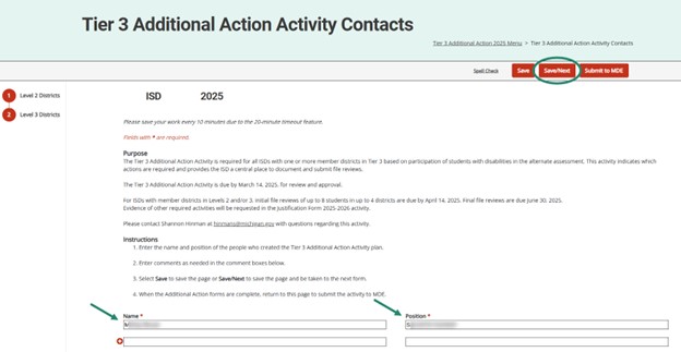 Tier 3 Additional Action Activity Contacts page with arrow towards the name and position fields.