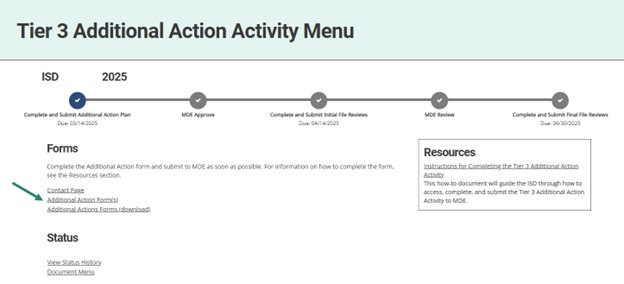 Tier 3 Additional Action Activity Menu with arrow towards Additional Action Form(s) link.