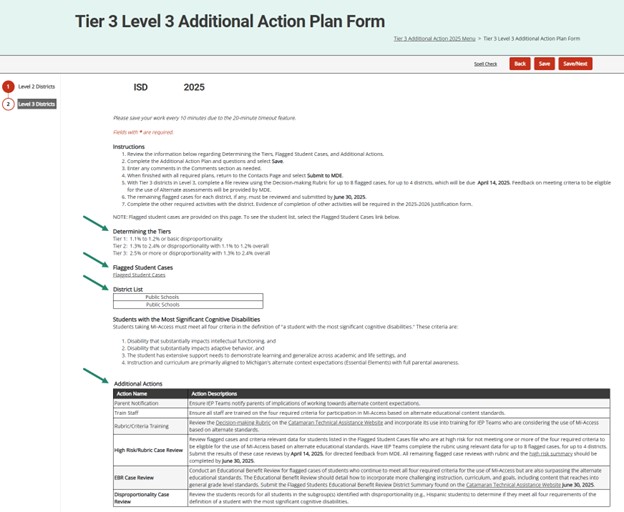 Tier 3 Level 3 Additional Action Plan Form with subheadings emphasized.